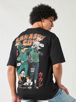 Bewakoof - American Pima Official Naruto Men's Black Sensei Duo Graphic Printed Oversized T-shirt
