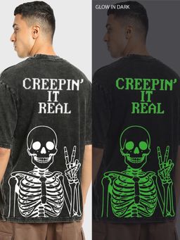 Bewakoof - Mens Black Creepin It Real Graphic Oversized Acid Wash T-Shirt