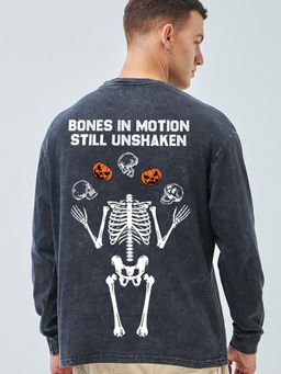 Bewakoof - Men's Black Bones in Motion Still Unshaken Graphic Printed Oversized Acid Wash T-shirt