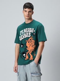 Bewakoof - Mens Green Night Of The Heebies Graphic Printed Oversized T-Shirt