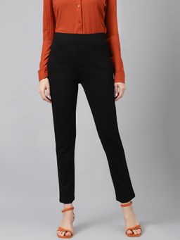 Xpose - Women Black Comfort Slim Fit High-rise Trousers