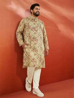 Vastramay - Beige Silk Blend Floral Kurta with Pyjama for Men
