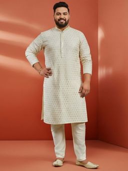 Vastramay - Off White Rayon Sequin Kurta with Pant for Men
