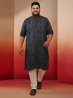 Vastramay - Navy Blue Rayon Foil Bandhani Print Kurta with Pyjama for Men