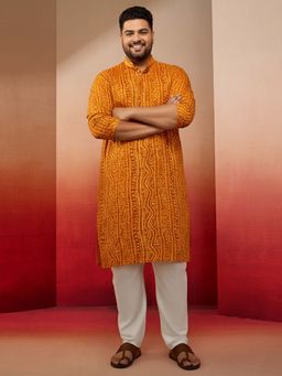Vastramay - Mustard Rayon Foil Bandhani Print Kurta with Pyjama for Men