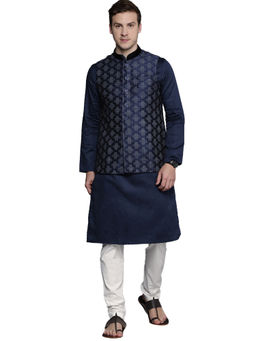 Manyavar - Blue Silk Blend Festive Printed Kurta Jacket Churidar (Set of 3)