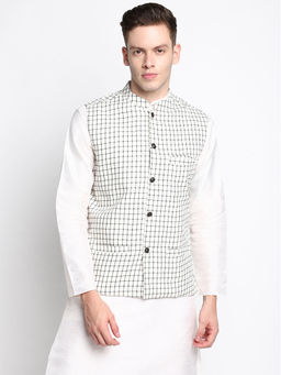 Devoiler - Men Off White Coloured Checked Pure Cotton Nehru Jacket