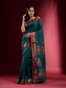 CHARUKRITI - Teal Pure with Zari Design and Motif Saree with Unstitched Blouse