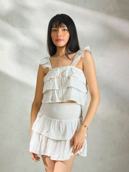 Virgio - White Cute Cotton Tiered Front Open Placket Crop Top