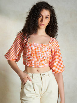 Virgio - Orange Cotton Pleated Detail Crop Top