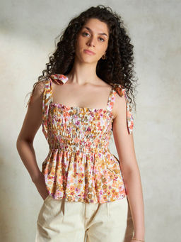 Virgio - Multi-Color Soft Floral Shoulder Tie-Up Peplum Top