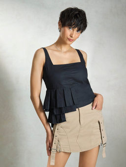 Virgio - Black Sultry Cotton Pleated Top