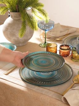 Pure Home + Living - Blue Embellished Glass Dessert Plates (Pack of 2)