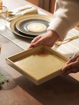 Pure Home + Living - Ivory Faux Leather Hammered Rectangle Platter