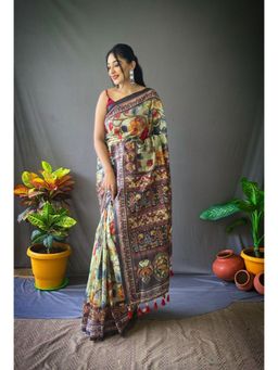 EXCLUSIVA - Green Kalamkari Print Cotton Saree with Unstitched Blouse