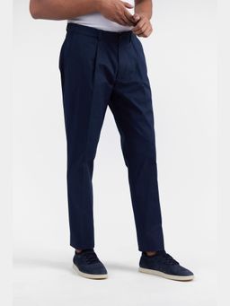 Perona - Men Navy Blue Mid Waist Tapered Trouser
