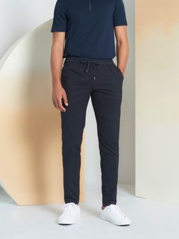 Perona - Men Navy Blue Mid Waist Slim Trouser