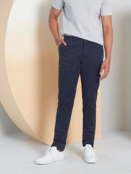Perona - Men Navy Blue Mid Waist Slim Trouser