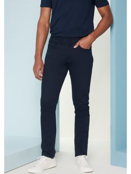 Perona - Men Navy Blue Mid Waist Slim Trouser