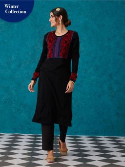 Likha - Black Woollen Acrylic Jacquard Winter Kurta LIKKUR149