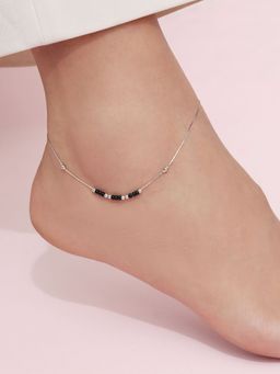 Zavya - Black Beads Rhodium Plated 925 Sterling Silver Anklet