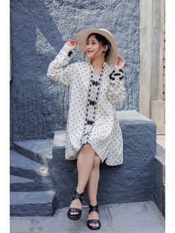 OSKOS - Ivory Cotton-Linen Embroidered Long Tunic