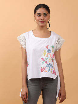 OSKOS - White Cotton Top with Multi-Colour Embroidered and Crochet Lace