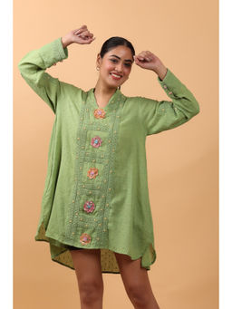OSKOS - Elegant Green Hand Embroidered Cotton Moss Long Tunic with Crochet Lace Detailing