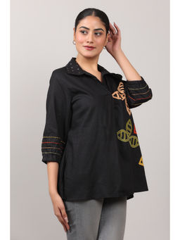 OSKOS - Black Cotton Shirt with Mirror Work and Multi-Colour Applique Embroidered