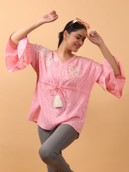 OSKOS - Pink Jacquard Kaftan Top with Floral Embroidered and Lace Detailing