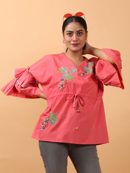 OSKOS - Red Kaftan-Style Top with 3D Embroidered and Tie-Up Waist