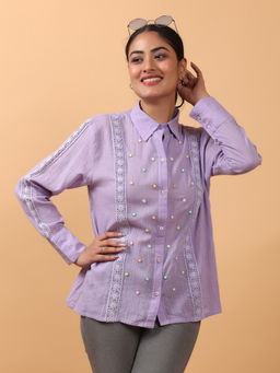 OSKOS - Lavender Cotton Hand Embroidered Shirt with Crochet Lace