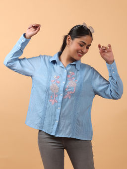 OSKOS - Blue Cotton Hand Embroidered Shirt with Crochet Lace