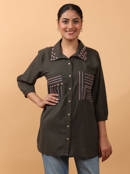 OSKOS - Deep Grey Cotton Shirt with 3D Embroidered and Crochet Lace Accents