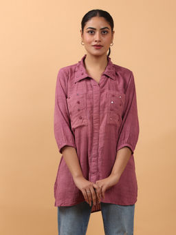 OSKOS - Deep Mauve Cotton Embroidered Long Shirt with Mirror Work
