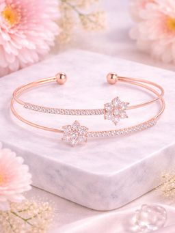 Estele - Women Rose Gold Plated Dual Floral Crystal Layered Cuff