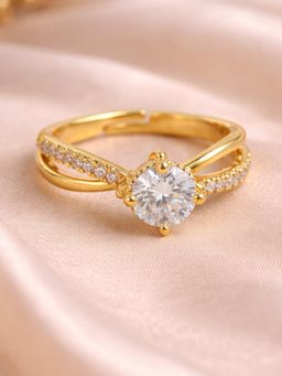 Estele - Women Gold Finish Halo Solitaire Crystal Adjustable Ring