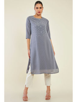 Soch - Women Grey Viscose Stripes Kurta