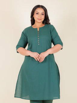 ARAMYA - Women Green Soft Cotton A-Line Solid Kurta