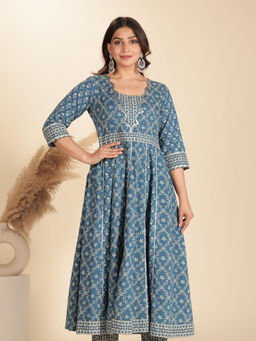 ARAMYA - Women Blue Soft Cotton Flared Floral Print Kurta