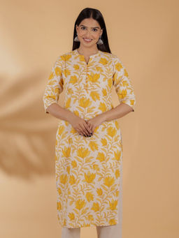 ARAMYA - Women Yellow Linen Cotton Straight Floral Print Kurta