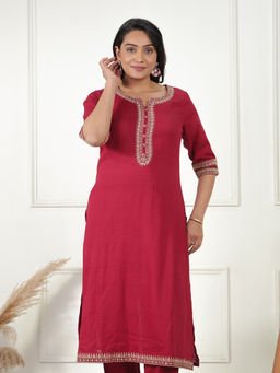 ARAMYA - Women Maroon Cotton Dobby Embroidered Kurta