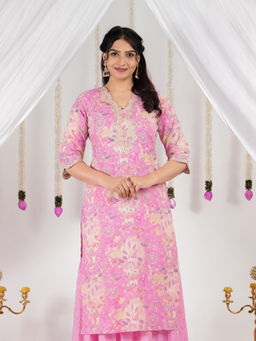 ARAMYA - Women Pink Soft Cotton Straight Floral Print Kurta