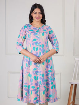 ARAMYA - Women Pink Linen Cotton A-Line Floral Print Kurta