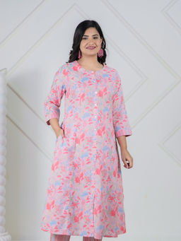 ARAMYA - Women Pink Soft Cotton A-Line Floral Print Kurta