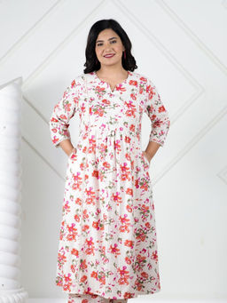 ARAMYA - Women White Linen Cotton Paneled Floral Print Kurta