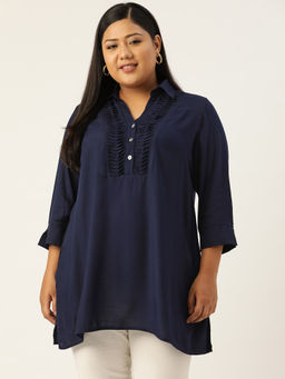 theRebelinme - Plus Size Womens Navy Blue Solid Colour Shirt Collar Tunic Top
