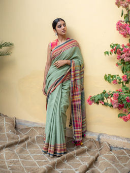 PRIYANKA RAAJIV - Aava Sage Green - Sage Green Organic Cotton Saree with Unstitched Blouse