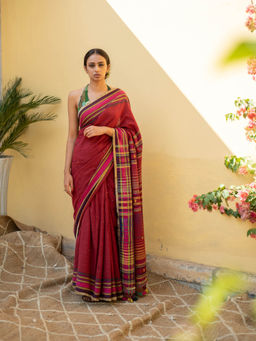 PRIYANKA RAAJIV - Aava - Burgundy Organic Cotton Saree with Unstitched Blouse