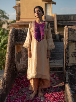 PRIYANKA RAAJIV - Amari + Rafa - Beige Upcycled Brocade Kurta With Silk Brocade Pants (Set of 2)